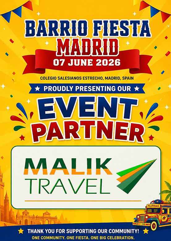 BARRIO FIESTA MADRID 2026, June 7, 2026, Colegio Salesianos Estrecho, giving away a round-trip ticket to the Philippines.